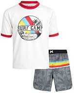 iXtreme Boys' Rash Guard Set - 2 Piece UPF 50+ Quick Dry Swim Shirt and Bathing Suit (12M-18), Size 24 Months, Grey/Red Surf Camp