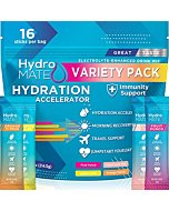 HydroMATE Electrolytes Powder Drink Mix Packets Hydration Accelerator Low Sugar Rapid Hangover Party Recovery Plus Vitamin C Variety Pack 16 Sticks