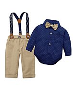 Baby Toddler Boy Formal Gentleman Suits,Dress Long Blue Shirt with Bowtie+Suspender Pants Dressy Outfit (3136Blue, 3-6 Months)