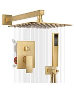 Holispa Gold Shower System, Shower Faucet Set with 10-Inch Rain Shower Head and Handheld, Wall Mounted High Pressure Shower Head Set, Shower Combo Set with Shower Valve and Shower Trim, Brushed Gold