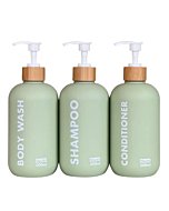 OLLIES Shampoo and Conditioner Dispenser, Shower Soap Dispenser for Bathroom-Set of 3 with Permanent Stylish Label-17oz, 500ml Refillable Shampoo and Conditioner Bottles