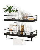 ZGO Floating Shelves for Wall Set of 2, Wall Mounted Storage Shelves with Black Metal Frame and Towel Rack for Bathroom, Bedroom, Living Room, Kitchen, Office (Black)