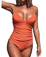 CUPSHE Women's V Neck Shirring Swimsuit,Orange, XS