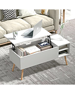 Clikuutory Modern White Lift Top Coffee Table with Hidden Compartment and Adjustable Storage Shelf, Mid Century Rustic Dining Table with Wood Legs for Home, Living Room, Office