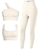 OQQ Women's 3 Piece Outfits Ribbed Seamless Exercise Scoop Neck Sports Bra One Shoulder Tops High Waist Leggings Active Set Beige