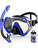 Snorkeling Gear for Adults, ZIPOUTE PRO Snorkel Mask Adult Snorkel Set, Anti-Fog Scuba Diving Mask Panoramic View Scuba Gear, Tempered Glass Snorkel Goggles Swim Masks for Adults (Black Blue)