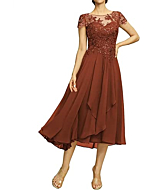 Women's Lace Applique Short Mother of The Bride Dress for Wedding Cap Sleeve Groom Grandmother Formal Party Dress Rust