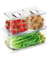 WAVELUX Produce Saver Containers for Refrigerator, Food Fruit Vegetables storage, 3 Pcs Stackable Freezer Fridge Organizer, Fresh Keeper Drawer Bin Basket with Vented Lids & Removable Drain Tray