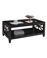 Solid Wood Coffee Table with Tempered Glass Top, Farmhouse Living Room Center Table with 2-tire Storage Shelf, Traditional Cocktail Table, 45.5” x 26” x 19” Easy Assembly, Vintage Walnut KFZ1318DC