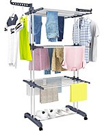 HOMIDEC Clothes Drying Rack, Oversized 4-Tier(67.7" High) Foldable Stainless Steel Movable Drying Rack with 4 castors, 24 Drying Poles & 14 Hooks for Bed Linen, Clothing, Grey