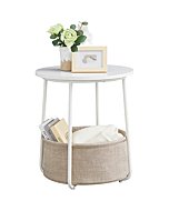 VASAGLE Small Round Side End Table, Modern Nightstand with Fabric Basket, White + Beige