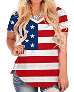 Womens Patriotic Tops Plus Size Short Sleeve V Neck Shirts American Flag Tees XL 14W