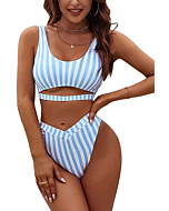 Blooming Jelly Womens Cheeky High Cut Bikini Set Cutout High Waisted Swimsuits Backless 2 Piece Bathing Suits (Medium, Blue & White Striped)