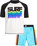 iXtreme Boys' Rash Guard Set - 2 Piece UPF 50+ Quick Dry Swim Shirt and Bathing Suit (12M-18), Size 12 Months, Aqua Rainbow Surf