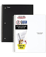 Five Star Spiral Notebooks, 5 Subject, College Ruled Paper, 200 Sheets, 11" x 8-1/2", Black & White, 2 Pack (73035)