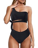 MOOSLOVER Women One Shoulder High Waisted Bikini Tie High Cut Two Piece Swimsuits(XL,Black)