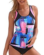 Aleumdr Womens Striped Print Color Block Tankini Sets Racerback Two Piece Tankini Swimwear Bathing Suits Pink Large 12 14