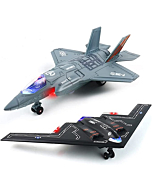 Fighter Jet Toy - 2 Pack, Diecast Airplane Toys for Kids, B2 F35 Model Plane Toy for Boys, Pull Back Toy Jets with Light & Sound for Gifts Collection Decor