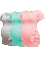 Bearsland Womens Maternity Tshirt 3 Packs Classic Side Ruched Tee Top Mama Pregnancy Clothes,Pink+mintgreen+LtGray,s