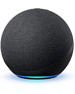 Amazon Echo (4th Gen) charcoal smart speaker with glowing blue volume control ring.