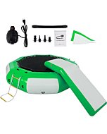 Happybuy Inflatable Water Trampoline 10ft , Round Inflatable Water Bouncer with Yellow Slide and 4-Step Ladder, Water Trampoline in Green and White for Water Sports.