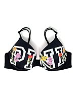 Victoria's Secret Pink Wear Everywhere Push-Up Bra 34C Black Block Logo Floral