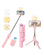 MQOUNY Selfie Stick Tripod with Fill Light, 3 Modes Levels Phone Tripod Stand with Wireless Remote Control Compatible with iPhone12pro max/12/11pro/11/XR, Android/iPhone (Pink)