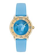 Versace La Medusa Collection Luxury Womens Watch Timepiece with a Blue Strap Featuring a IP Yellow Gold Case and Blue Dial