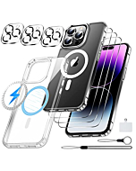 [9 in 1] Magnetic Case for iPhone 14 Pro Max Case,[Compatible with Magsafe] [Non Yellowing][3 Pcs Glass Screen Protector+Camera Lens Protector] Shockproof Slim Thin Phone Case Cover 6.7"-Clear