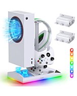 Upgraded RGB Cooling Fan Charging Station for Xbox Series S Console & Controller,Dual Charger Dock and Cooler System Stand with 15 Colorful Light Modes Accessories with 2*1400mAH Rechargeable Battery