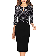 VFSHOW Womens Black and White Check Colorblock Patchwork Slim Zipper Up Work Business Office Party Bodycon Pencil Sheath Dress 6500 BLK XS