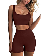 QINSEN Stretchy Shorts Women Ribbed Exercise Outfits 2 Pieces Yoga Sports Bra and Leggings Set Coffee M