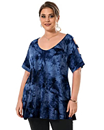 LARACE Plus Size Cold Shoulder Tops for Women Tie Dye Shirt V Neck Tunic Short Sleeve Summer Clothes Cut Out Tee(T09-DarkBlue 3X)