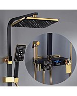 Yalsfowe Thermostatic Shower Faucet Set Black Gold, Bathtub Shower Faucet, Shower Head with Hand Shower, Tub Spout, Bidet Shower, Exposed Shower System with Temperature Display