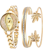 Weicam Women's Diamond Wristwatch Bangle Bracelet Jewelry Set Analog Quartz Wrist Watch for Ladies (Gold)