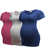 Bearsland Womens Maternity Tshirt 3 Packs Classic Side Ruched Tee Top Mama Pregnancy Clothes,russetred+LightGray+Blue,M