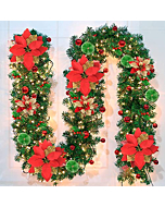 Pre-lit Artificial Christmas Garland, Green Rattan with Red Flower Decorations and Battery Operated LED Lights for Home Stairs Fireplace Front Porch Door Display Indoor Outdoor Christmas Decor -9FT