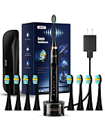 SEAGO Ultrasonic Electric Toothbrush for Adults, Twin-Engine 3 Modes and 3 Intensities, Wireless Rechargeable Sonic Toothbrush, 8 Brush Heads & Travel Toothbrush Set, Black