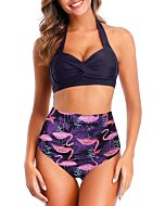 Womens High Waisted Bathing Suits Push Up Halter Top Ruched Bottoms Bikini Sexy Tummy Control Two Piece Swimsuits Flamingo XL