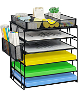 4 Tier Mesh Desk Organizers with Pen Holder, Desk File Organizer with Drawers, Desk Organizers and Accessories, Office Supplies Desktop Storage Paper Organizer Rack for Office Home