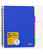 SUNEE A5 Subject Notebook College Ruled - 240 Pages, 5.5"x8.2", Spiral Lined Notebook with 5 Pocket Colored Dividers, Blue Notebooks for School Supplies, Home & Office, Writing Journal