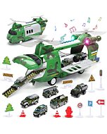 CUTE STONE 2-in-1 Amy Helicopter Toys, Boys Military Toy, Friction Powered Helicopter w/ Electric Rubber Propeller, Realistic Light & Music, Mini Vehicles, Traffic Road Signs, Vehicle Toy Set for Kids