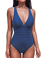 CUPSHE Women One Piece Swimsuit V Neck Hipster CrossCriss Back Bathing Suit Fixed Straps, XL Blue