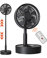 7200mAh Battery Powered Oscillating Fan, 8" Rechargeable Foldaway Fan, 12H Working Time, Height Adjustment, 4 Speeds, Remote Control, Portable Standing Fan for RV, Travel, Camping, Desk, Home, Outdoor