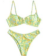 ZAFUL Women's Underwire Bikini Floral V-Wired High Leg Two Piece Bikini Set Swimsuit (0-Yellow, M)