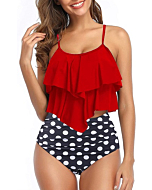 Womens High Waisted Bathing Suits Flounce Halter Tank Top Bikini Bottoms Tummy Control Modest Swimwear Two Piece Swimsuits Tankini Red Polka M