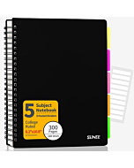 SUNEE 5 Subject Notebook College Ruled - 300 Pages, 8.2"x10.8", Spiral Lined Notebook with 5 Pocket Colored Dividers, 3-Hole Punched Paper, Black Notebooks for School Supplies, Home & Office, Writing Journal