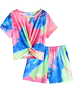 Yiomoroe Youth Girls Tracksuit Tie Dye Outfit Crewneck Keyhole Twist Front T-Shirt and Shorts 2Pcs Summer Sport Outfits