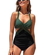 CUPSHE Women's One Piece Swimsuit V Neck Colorblock Bathing Suit M Green/Black