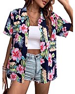 MYHALF Women Hawaiian Shirt Soft Cool Summer Hawaii Shirts Floral Tropic Print V Neck T-Shirt Short Sleeve Button Up Tops